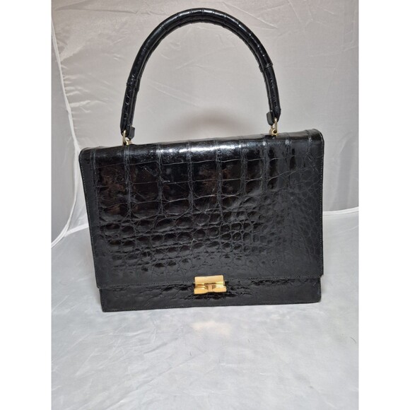 Bellestone Black Alligator Handbag Brass Hardware Vintage 1950s MCM - Picture 1 of 16